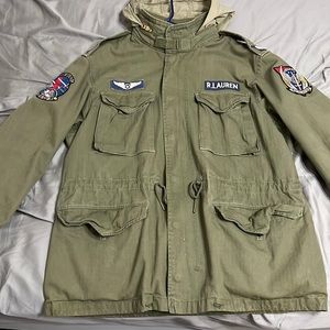 Mens XL Polo jacket Detachable hood Front pockets Interior pocket